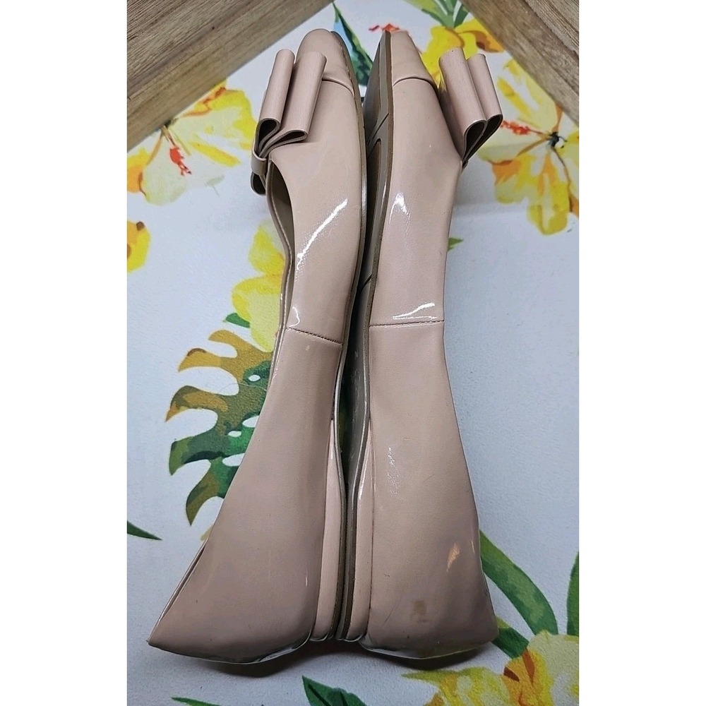 Nine West Sz 7 Vegan Patent Leather Nude Ballet Flats With Large Bow #451 - Picture 6 of 8
